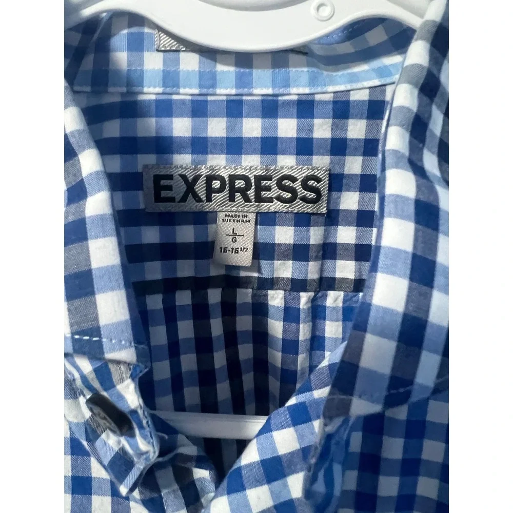 Express Mens Blue White‎ Gingham Check Long Sleeve Button Up Dress Shirt Large - Picture 3 of 5